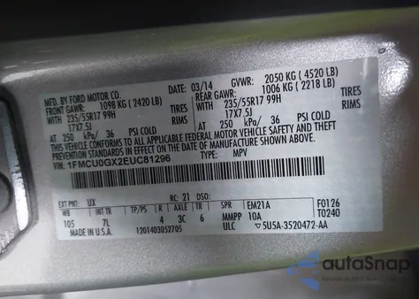 2014 Ford Escape Se z USA, uszkodzony, nr VIN 1FMCU0GX2EUC81296